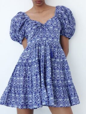 Zara Blue Floral Puff-Sleeve Mini Dress